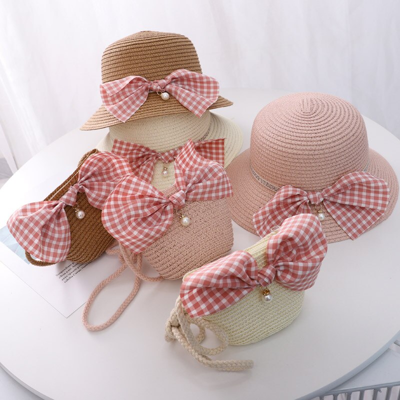 Zomer Kind Prinses Leuke Cartoon Stro Hoed Met Handtassen Tassen 2 Stuks Een Set Kids Meisje Baby Boog Plaid panama Zonnehoed