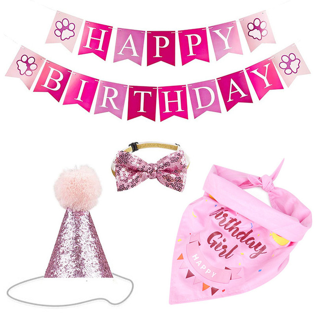 Handmade Dog Birthday Bandana Set Party Pet Pull Flag Triangle Scarf Cake Hat Decoration for DIY Pet Party Supplies: Pink set 1