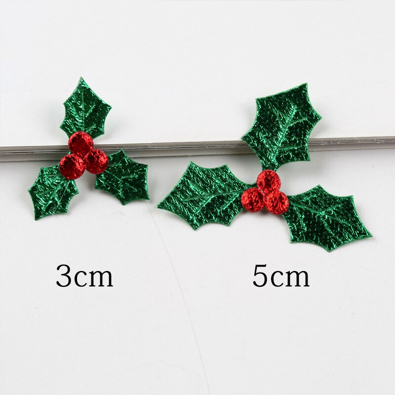 100Pcs Glitter Groen Holly Blad En Rode Berry Doek Applique Voor Kerst Decoratie Tafel Decoratie Stick-On Accessoires