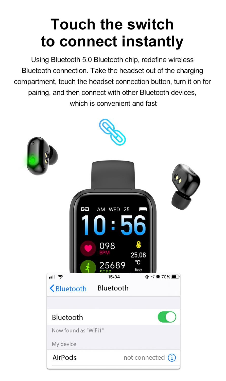 Ai smartwatch met bluetooth-oortelefoon, hartslagmeter, slimme polsband, smartwatch voor mannen en vrouwen, sportoortelefoon