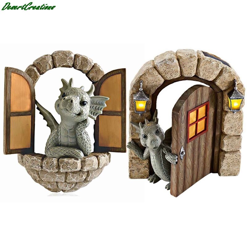 Dragon Statue Solar Garden Decoration Dragon Open The Door Window Figure Sculpture Home Outdoor Garden Decoration