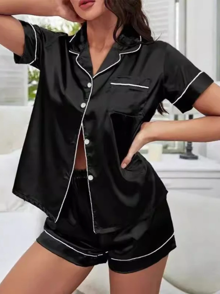 Summer Blue Women's Pajama Set Faux Stain Sleepwear V-neck Pyjama Button Top Shorts Slim 2-piece Female Nightgown Loungewear: M / Beige