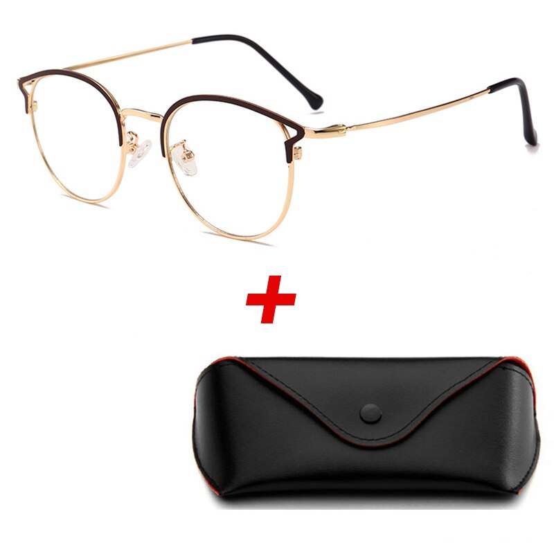2Pcs/lot Women Blue Light Blocking Computer Glasses with Box Anti Blue Rays Eyeglasses Female Plain Mirror Glasses Frame Eyewear: Tea Gold