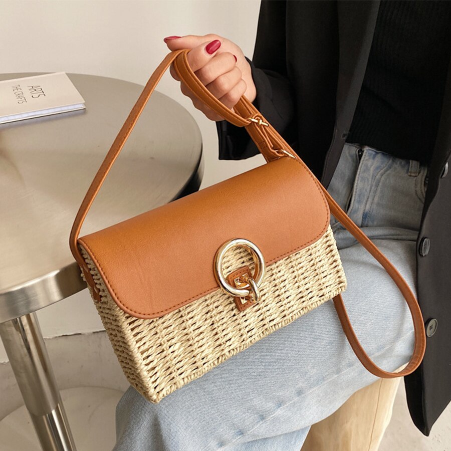 Summer Rattan Wicker Weave Shoulder Bag Straw Beach Women's Bag Small Crossbody Bags Women Handbag