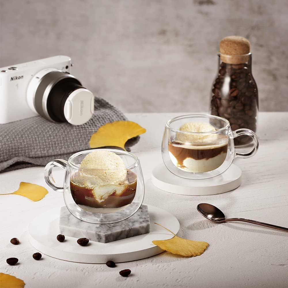 impostato di tazze da caffè in vetro a doppia parete da 100/200 ml Tazze per caffè caffè espresso trasparenti con manico Tazza in vetro resistente al calore per tè al latte