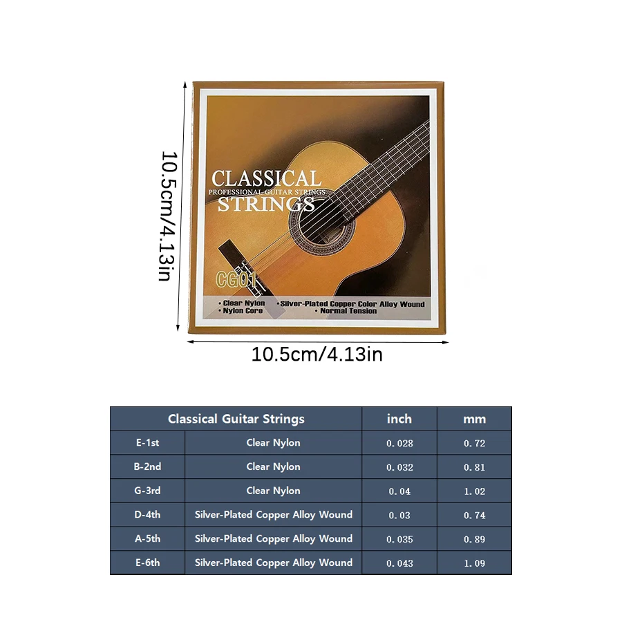 Cordes de guitare classique - Basses à noyau en nylon - Alliage de cuivre plaqué argent - Tension normale / Jeu de 6 cordes (028-043)