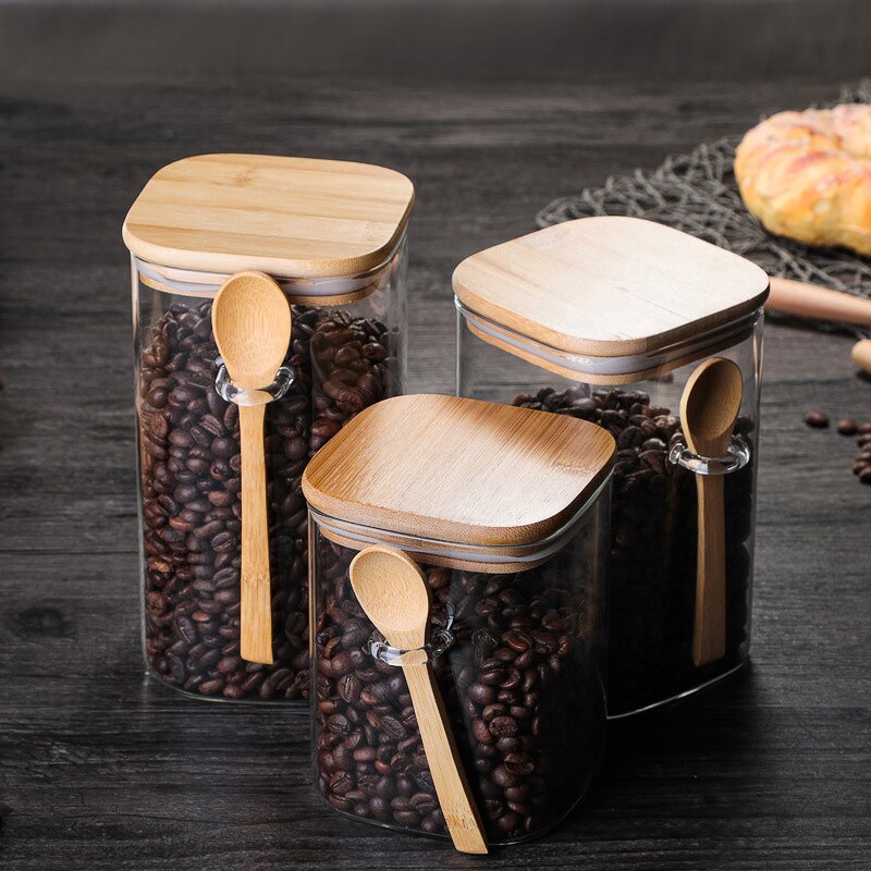 Récipient hermétique de pots de farine de sucre d'épice de grain de café en verre de pot de stockage de nourriture avec des couvercles et la cuillère en bois E2S