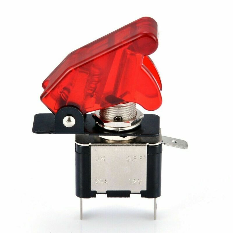 3-pin on/off 20A, 12V Car truck LED toggle switch light is on, with safety aircraft flipping protective cover red.