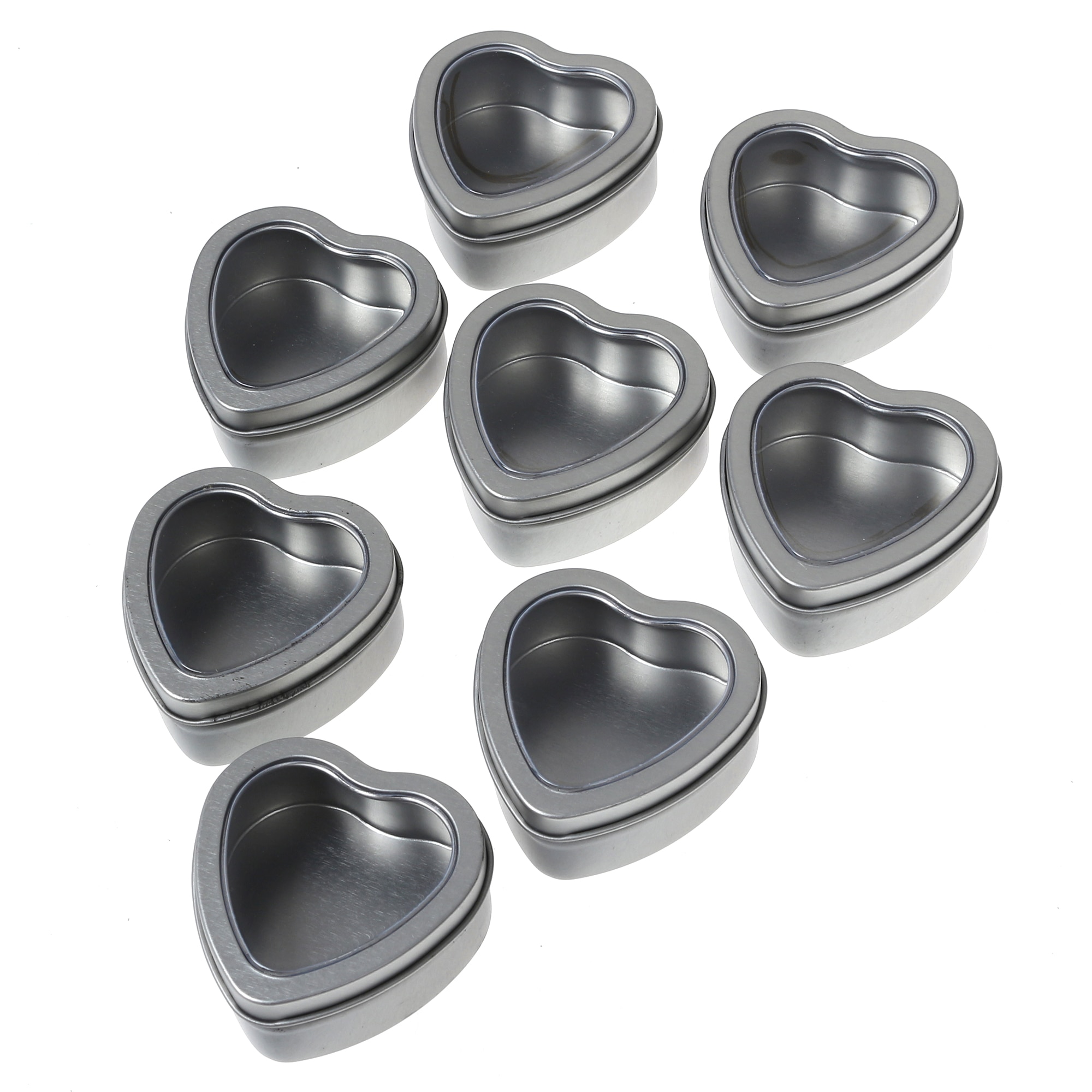 Boîtes vides en métal argenté en forme de cœur, avec fenêtre transparente, pour la fabrication de bougies, bonbons, et trésors, 60ML, 8 pièces