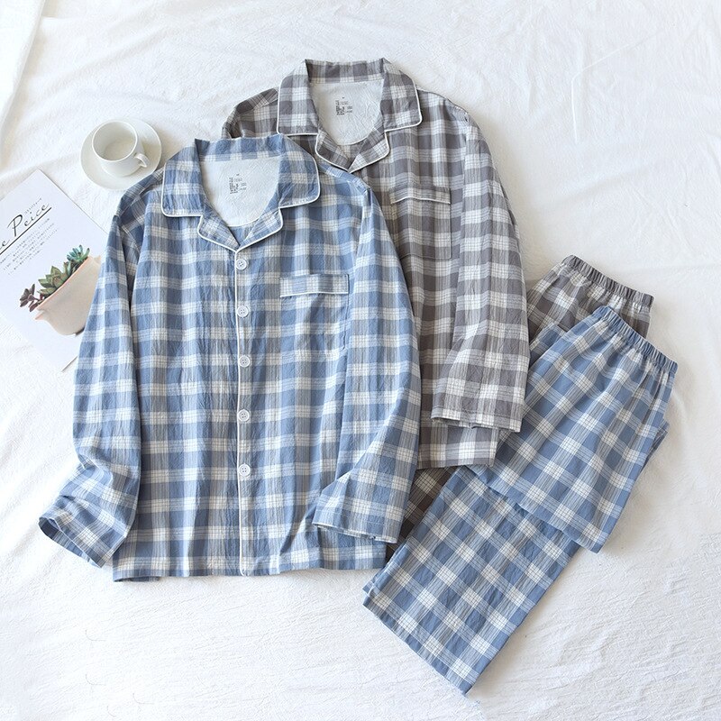 Conjunto de 2 unids/set de pijamas para hombre y mujer, pantalones y Tops finos de manga larga, traje de Pijama largo a cuadros, ropa de dormir para pareja, primavera, verano y otoño