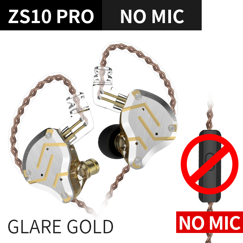 KZ ZS10 Pro auricolare In metallo con microfono musica HiFi cuffie cablate cancellazione del rumore nell&#39;orecchio Sport gioco auricolari cuffie: Glare Gold No MIC