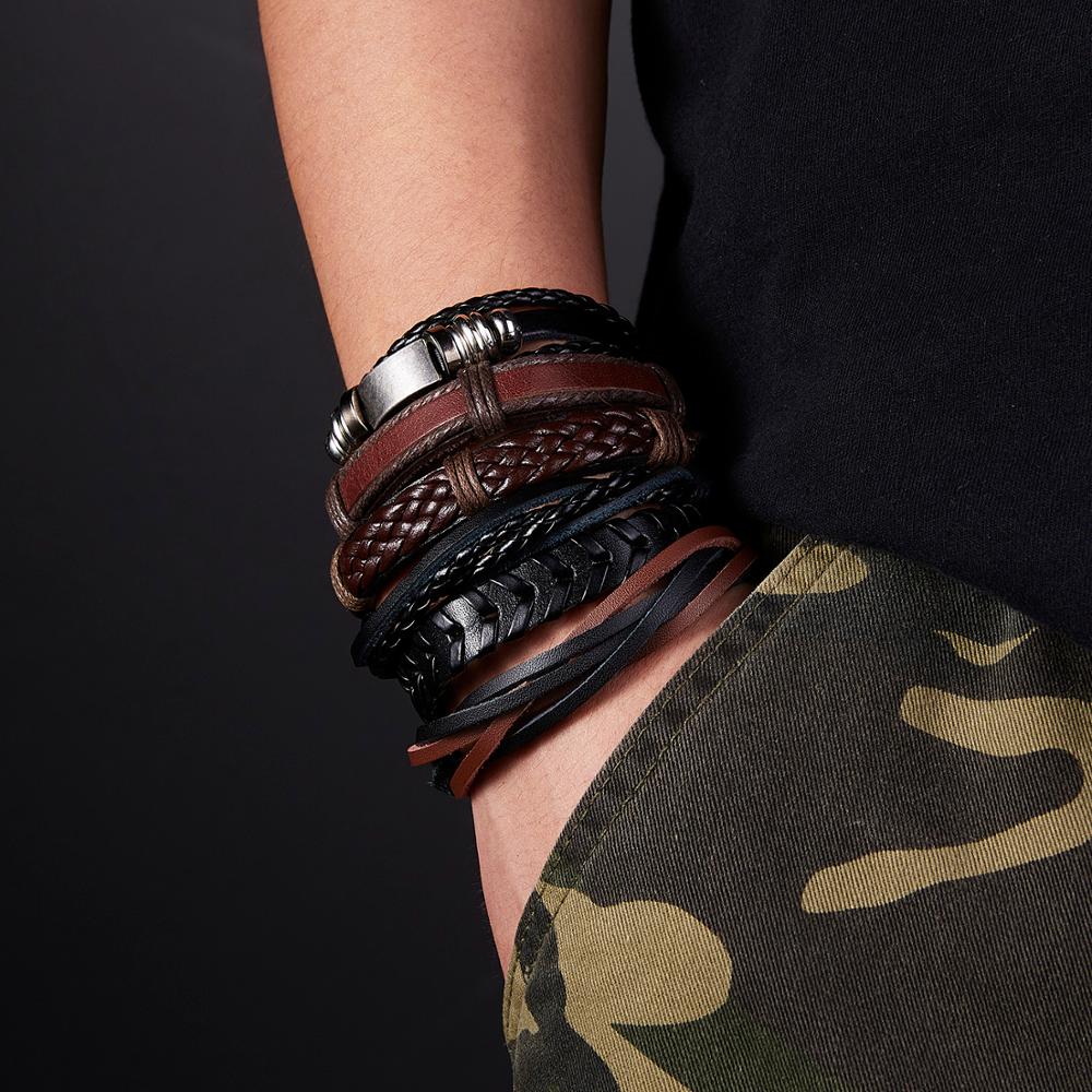 RINHOO Jahrgang lässig Leder Armbänder Charme mehrschichtig flechten wickeln Armbänder Armreifen Punk Männlichen Seil Kette Männer Schmuck