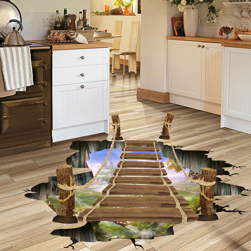 Mural pequeño en 3D, puente suspendido, Fondo de foto de paisaje natural, papel pintado de suelo para decoración de baño FP8