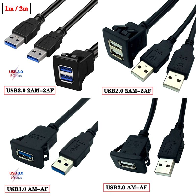 ABS Shell Buckle Type Dual Port USB 3.0/2.0 Male To Female Car, Ship, Motorcycle Instrument Panel Extension Waterproof Cable 1m