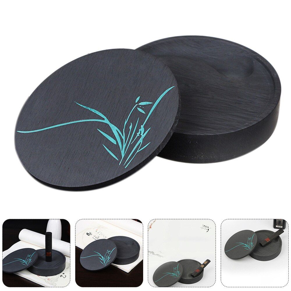 1 Set Round Inkstone Chinese Calligraphy Ink Stone Sumi Painting Inkslab: Default Title