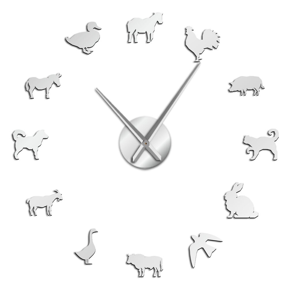 Barn Animal Super Big DIY Wall Clock Farm Animals Acrylic Mirror Clock Super Digital Watches Clocks Farmyard Kitchen Decor: Silver / 12  inch