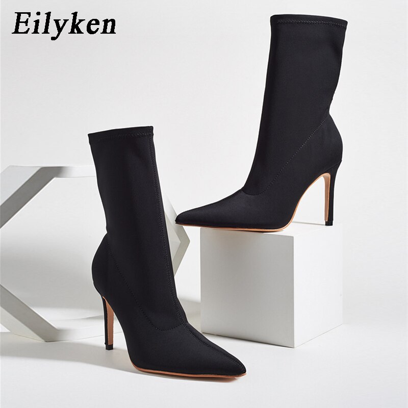Eilyken hiver Stretch tissu bout pointu femmes bottines chaussures talons hauts femme bottes parti chaussures femmes: Black / 37