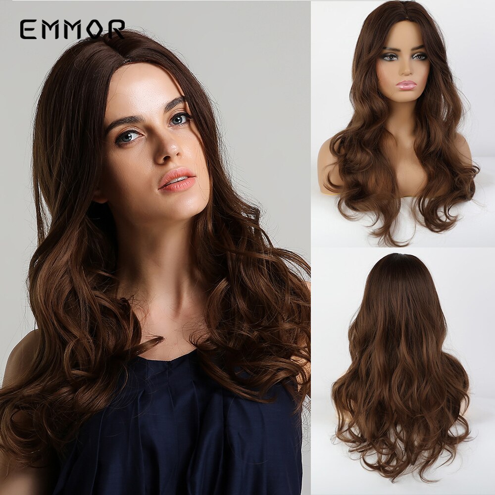 Emmor Long Brown Ombre Synthetic Wigs with Bangs Layered Wavy Heat Resistant Hair Cosplay Daily Use Wig for White Black Women: 184