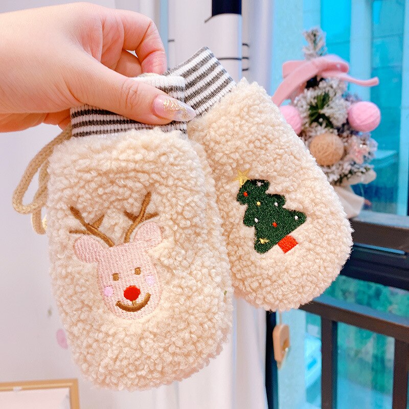 Zagęścić dzieci rękawiczki z wełny owczej zimowe utrzymać ciepłe dzieci kreskówki pluszowe futrzane pełne mitenki miękkie rękawiczki dla 4-8 lat: beige