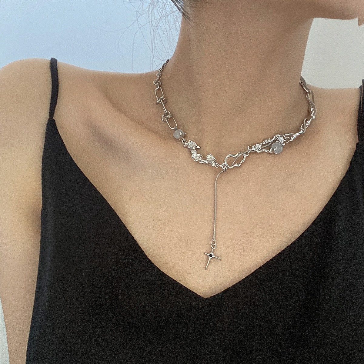 Ventfille Silver Color Opal Necklace for Women Girl Liquid Lava Star Irregular Jewelry 925 Stamp Birthday Dropshippping: Steel color