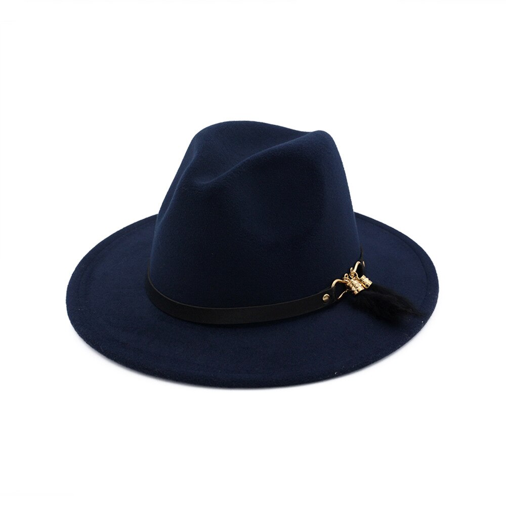 HanXi Winter Women Hat Wool Fedoras Felt Hat Lady Classical Flat Brim Cap PU Leather Band Metal Buckle: navy blue