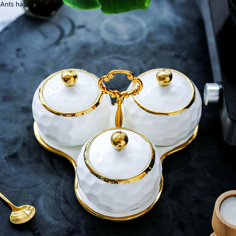 Tarro de especias de cerámica, suministros de cocina, juego de caja de condimentos para el hogar, traje de tres piezas, agitador de sal y azúcar, herramienta de almacenamiento de cocina