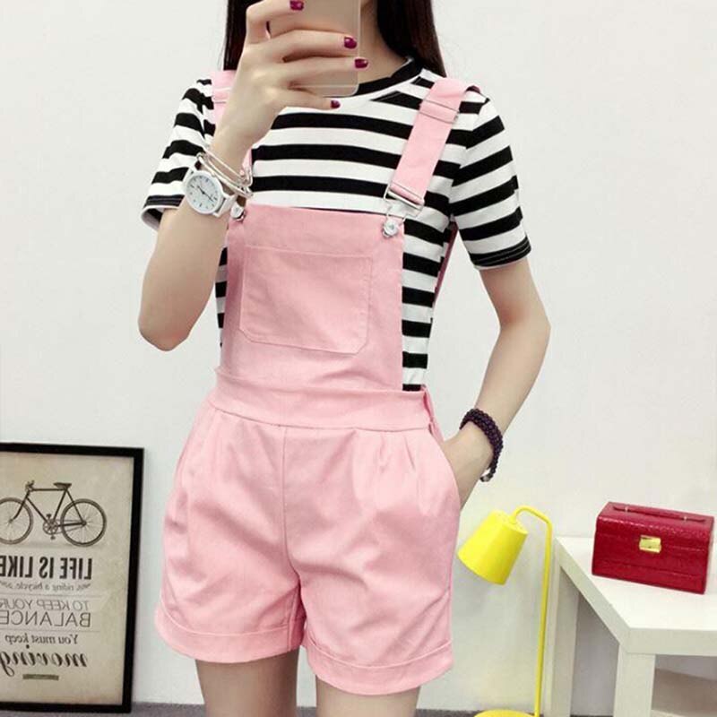 Denim Overalls Women Summer Lovely Jumpsuits Spring Denim Jeans Overalls Shorts Female Pink/white Overall Jumpsuit: L