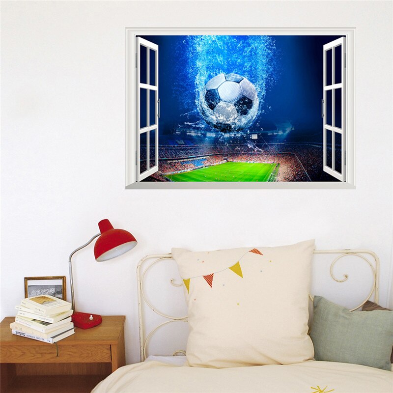 3d Window Blue football Soccer wall stickers for kids rooms living room bedroom wall decals boys room decoration