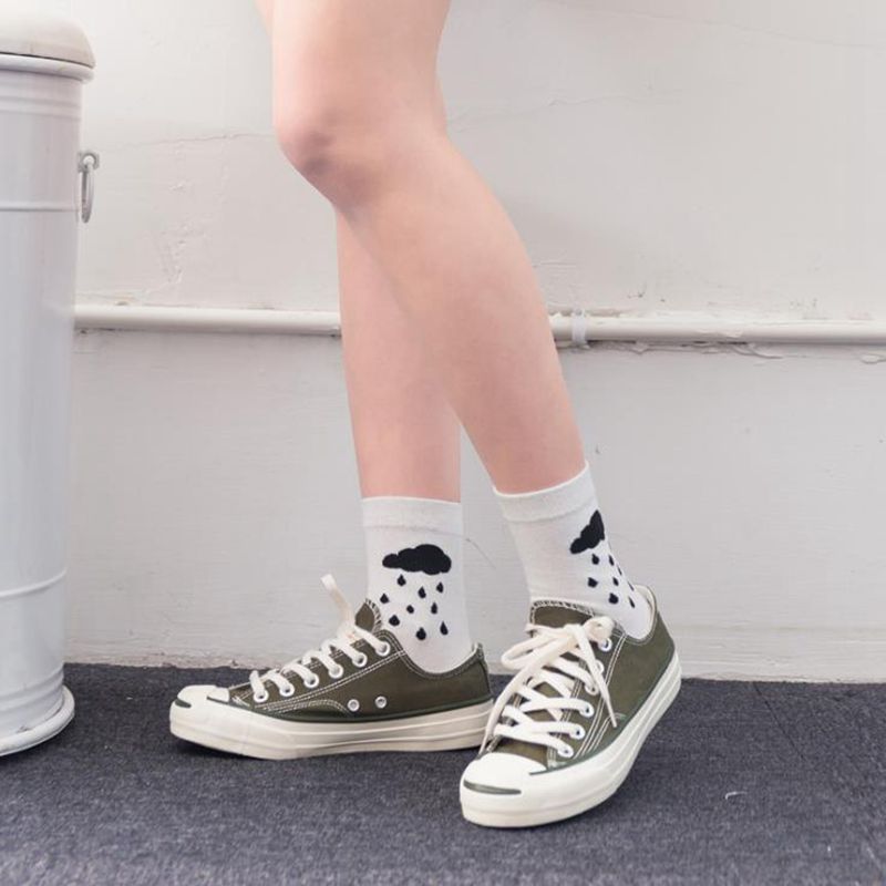 Fiction happy funny woman graphic cotton socks egg cloud rain wave dog foot mountain footprint socks spring casual