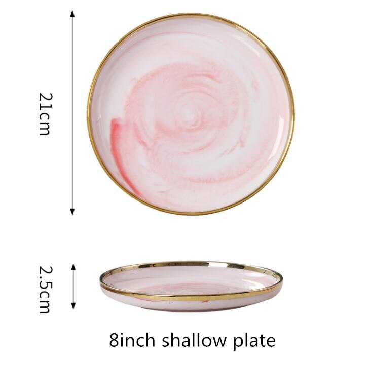 Double-sided Gilt Rim Pink Marble Pattern Porcelain Dinner Plate Salad Noodles Bowl Spoon Ceramic Kitchen Tableware 1Pcs: 8inch shallow plate