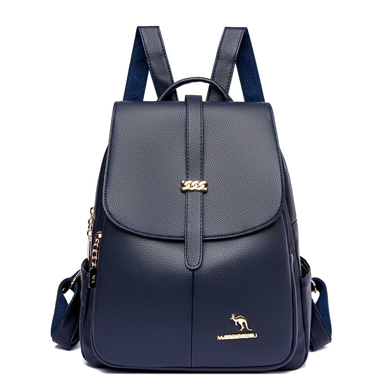 Multifunctional Women Backpack Pu Leather Ladies School Backpacks for Teenagers Girls Casual Travel Bags: Blue