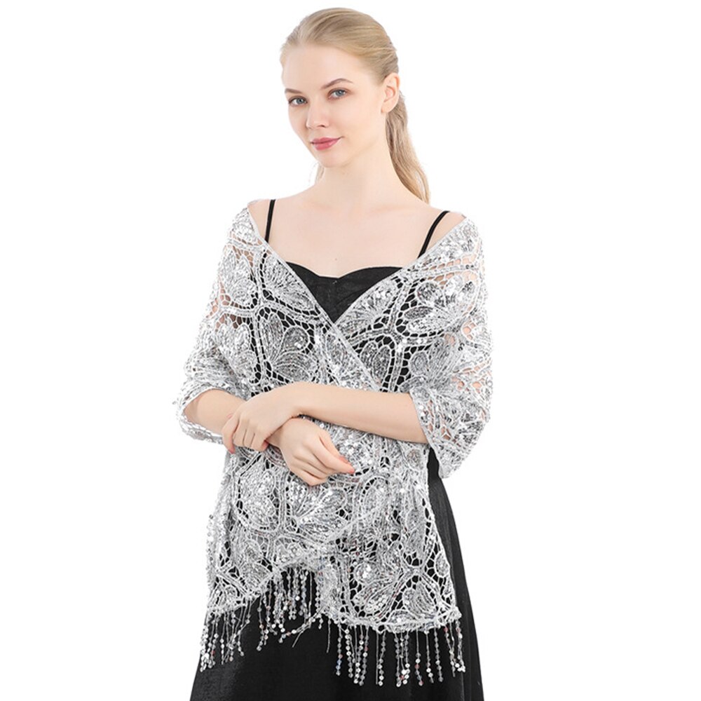 Scialle di pizzo con paillettes vuote da sposa da donna di lusso avvolgere il partito femminile lucido luccichio stola sciarpa da ballo con nappa