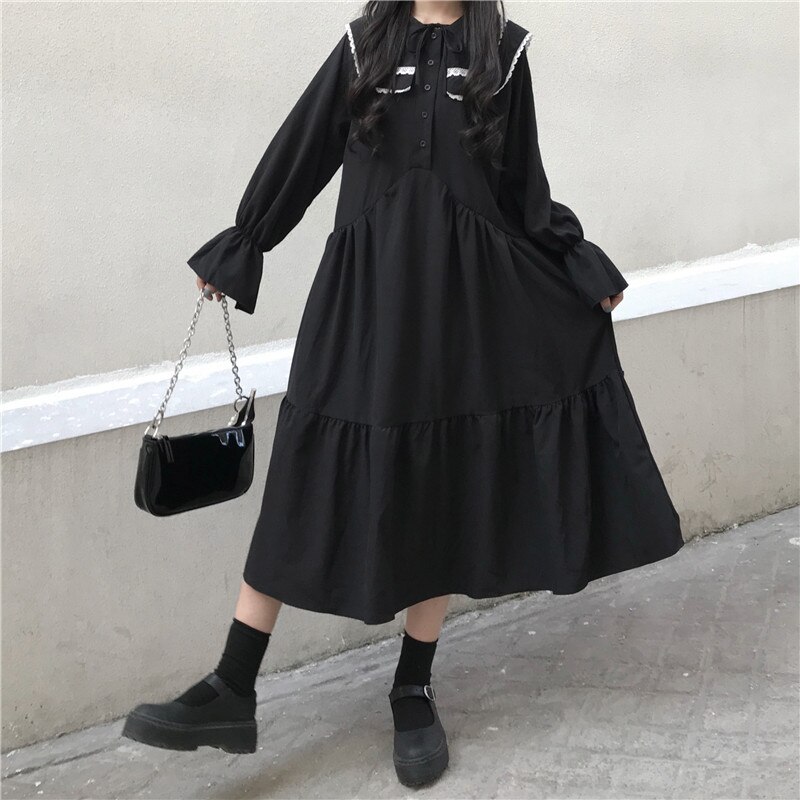 Japanse stijl schattige losse poppenkraag met belletjesmouw midi marineblauwe collegejurk voor dames, japanse schooluniform, matrozenjurk