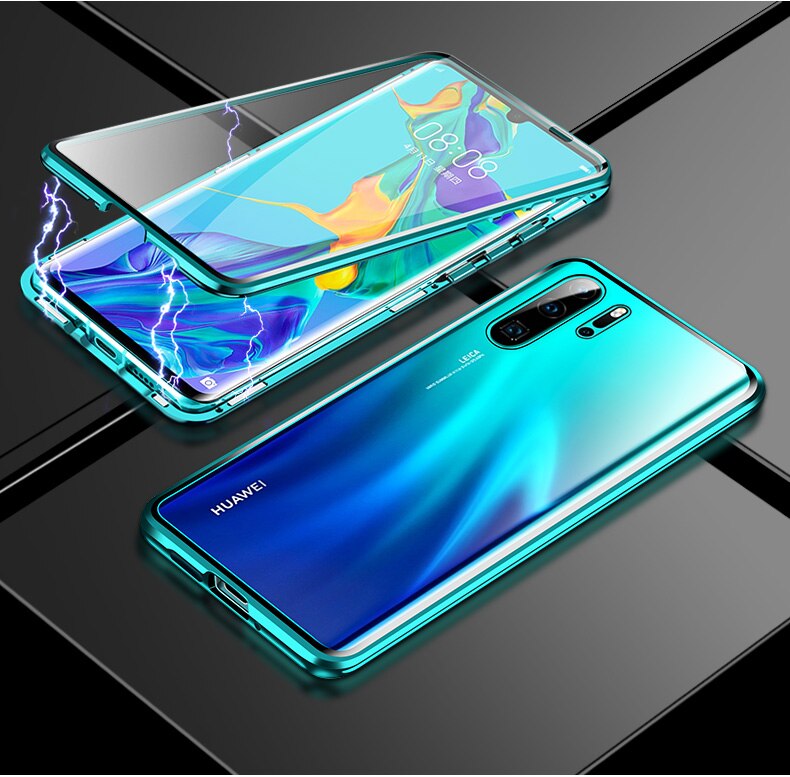 Magnetic Absorption Metal Flip Case for Huawei P30 P30Lite P30Pro Cover Double Sided Tempered Glass for Huawei P30 Pro Case: Huawei P30 Lite / Green