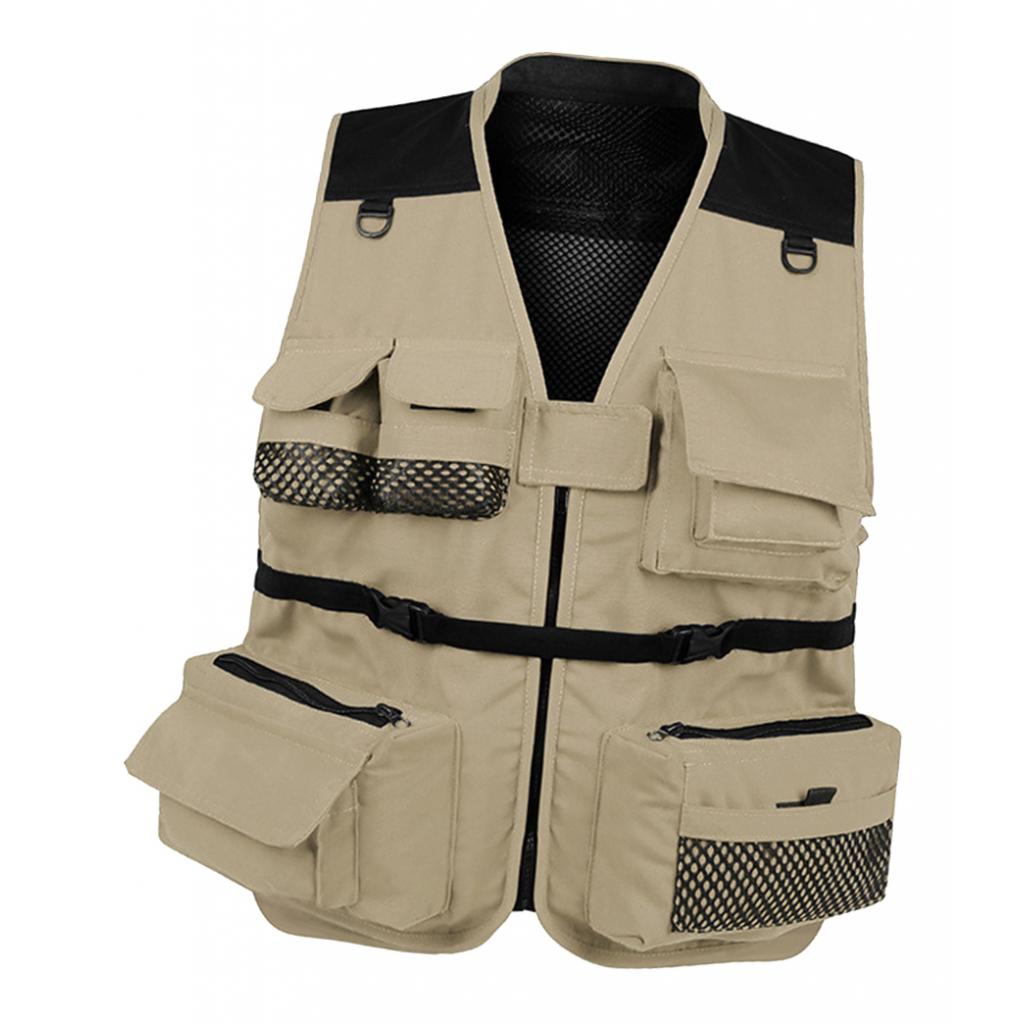 Multi Pocket Mesh Vest Photography Hunting Fishing Jacket Gilet: khaki XL