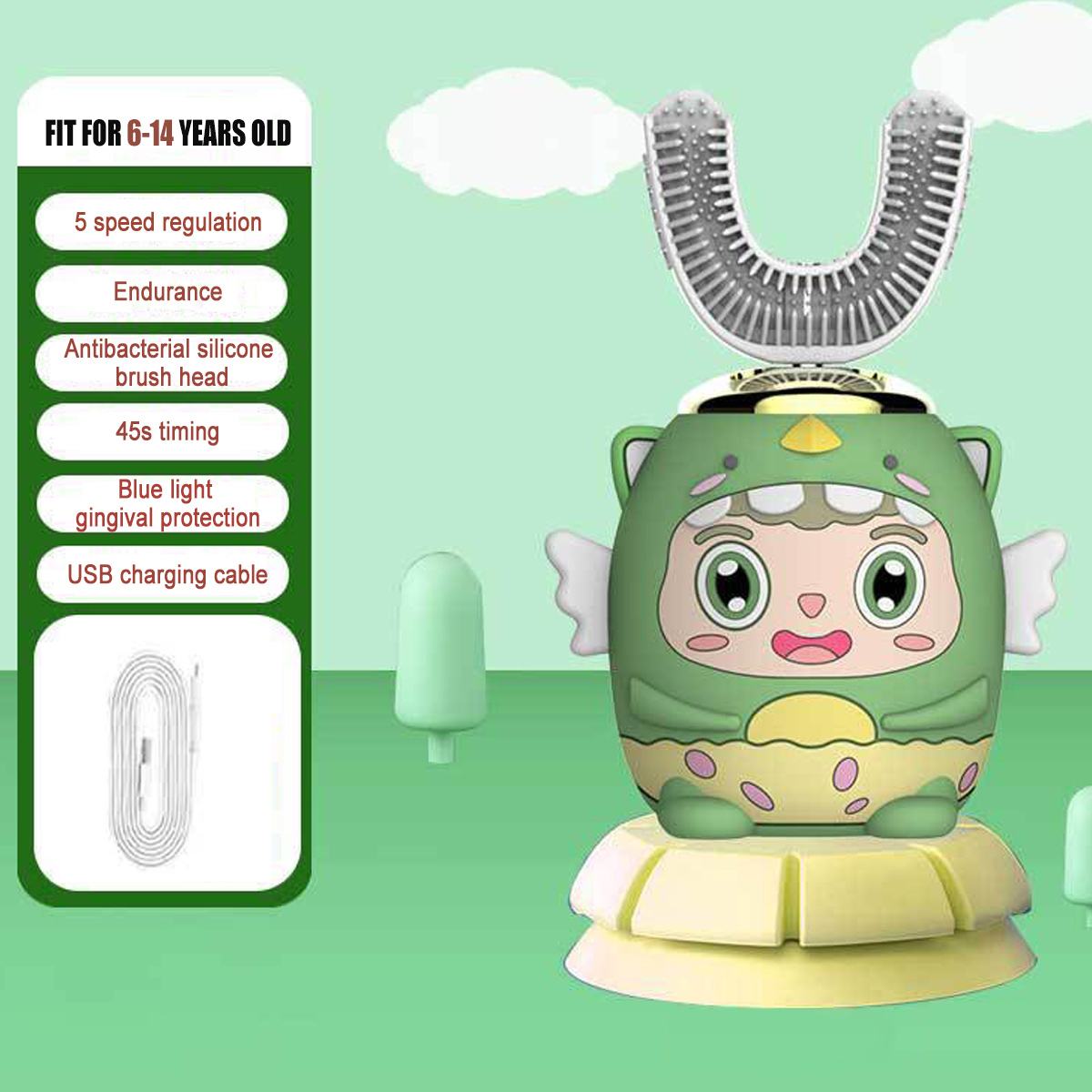 Children 5 Modes Automatic U Type Electric Toothbrush Intelligent Ultrasonic Toothbrush for 2-14 Years Old: Dragon