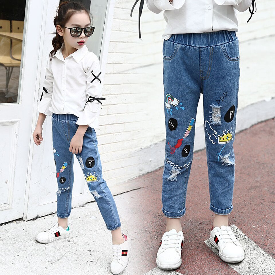 Pantalones vaqueros con estampado de dibujos animados para niña, pantalón vaquero con agujeros para niño de 3, 4, 6, 8, 10, 12 y 14 años, primavera, verano y otoño,
