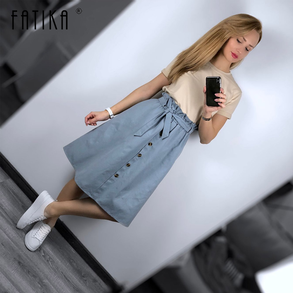 FATIKA, faldas Midi de cintura alta, bolsillos sólidos, línea de forma de A, pantalones casuales de mujer, faldas femeninas de con fajas, novedad de , para mujer