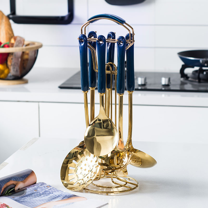 7PC Cookware Kitchenware Set Non-stick Luxury Stainless Steel Ceramic Handle Cooking Utensils Kitchen Tools Accessories: 7pcs Blue Gold