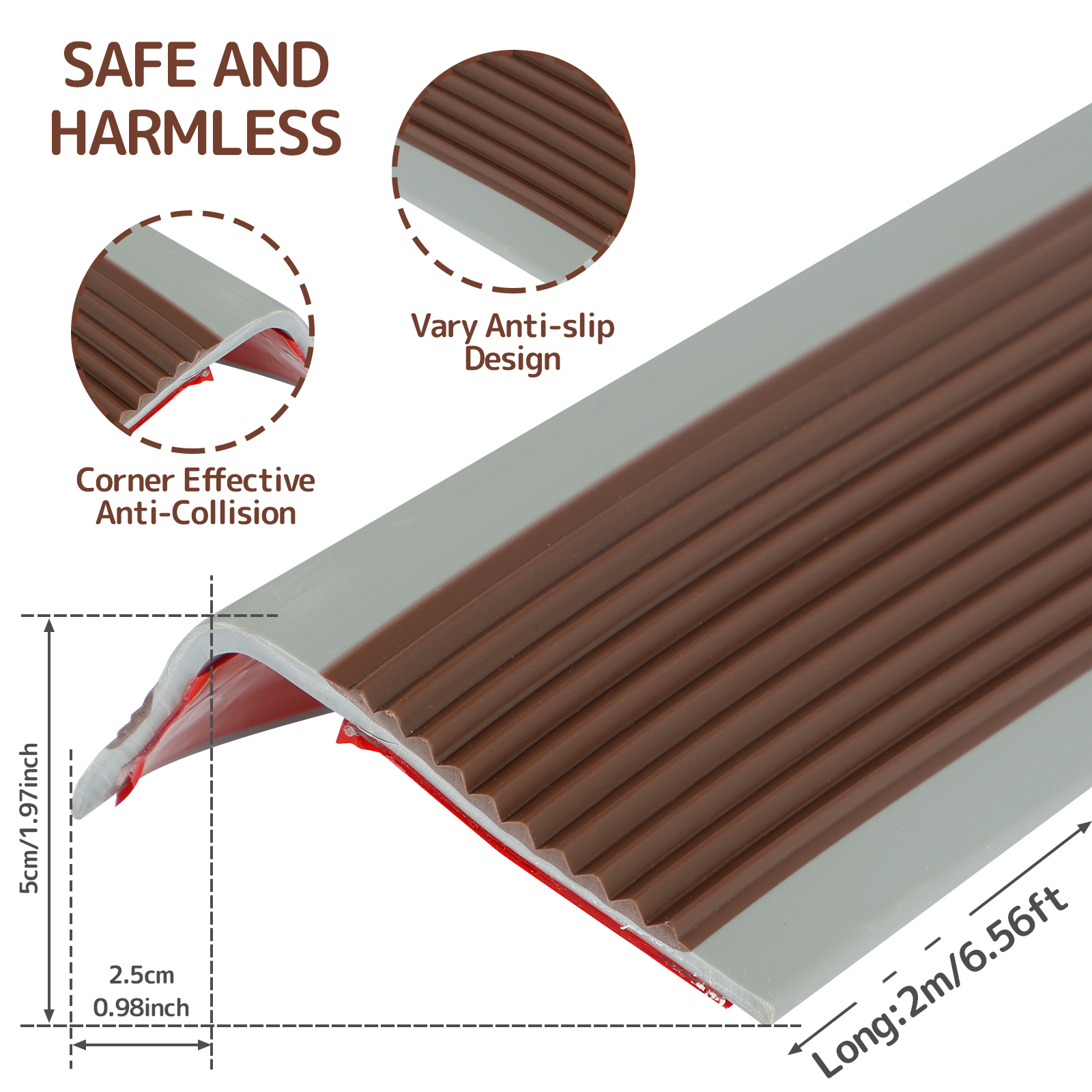 1 rotolo di protezione per bordi delle scale in PVC morbido antiscivolo per bordi del naso delle scale Strisce autoadesive per bordi a forma di L Protezione per gradini da 2 m: Marrone