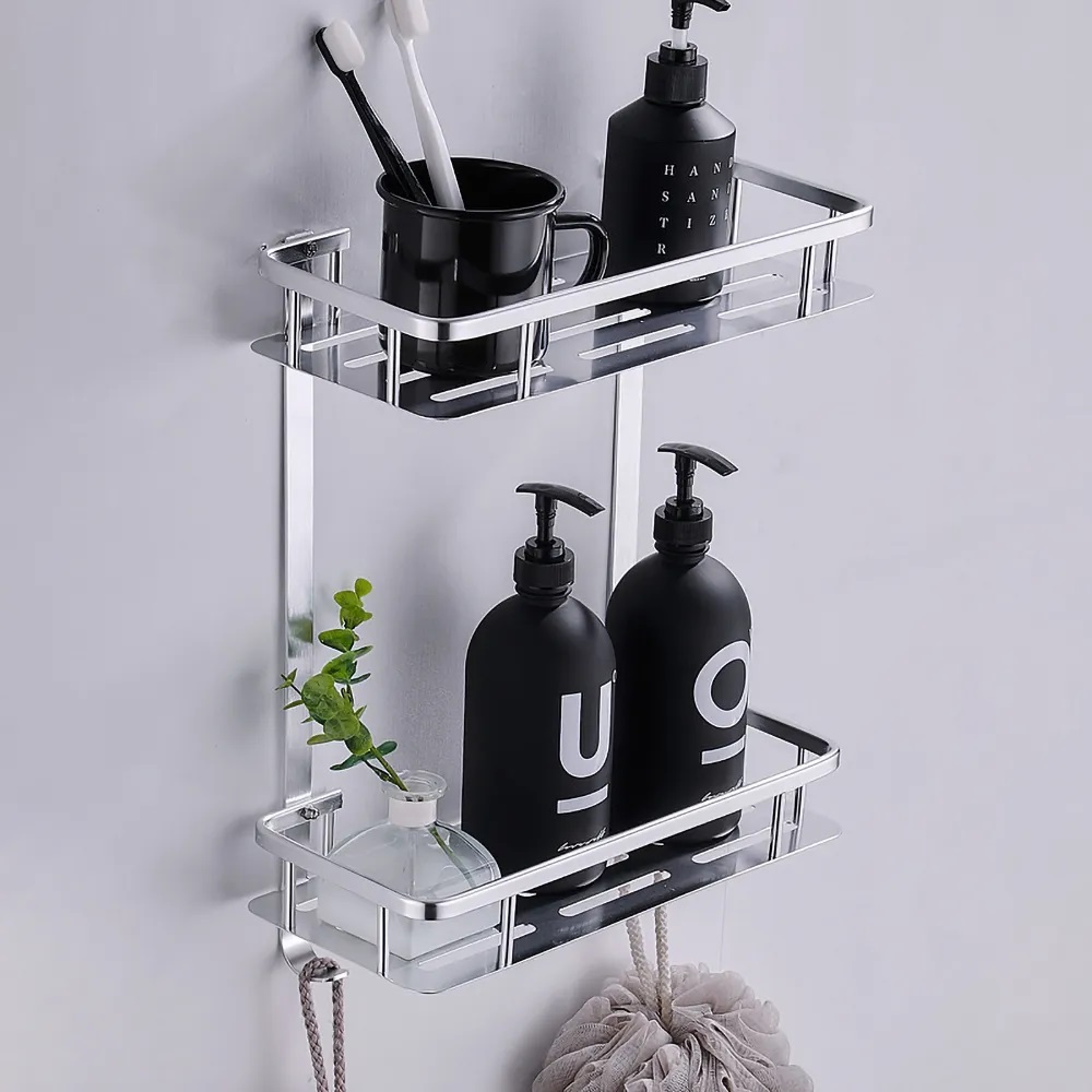 Estantes cuadrados para baño, cesta de ducha de aluminio plateado, soporte para champú de 1-3 capas, colgador de pared, estante de almacenamiento, accesorios organizadores