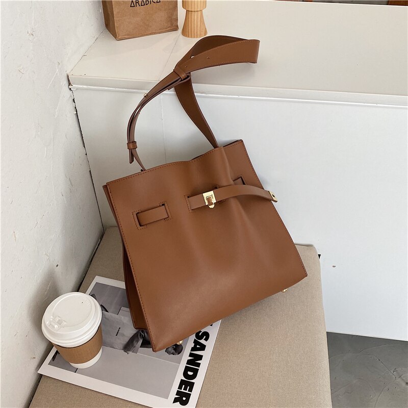 Vintage grand sac seau en cuir PU femmes sac à main haute capacité sac à bandoulière: Brown