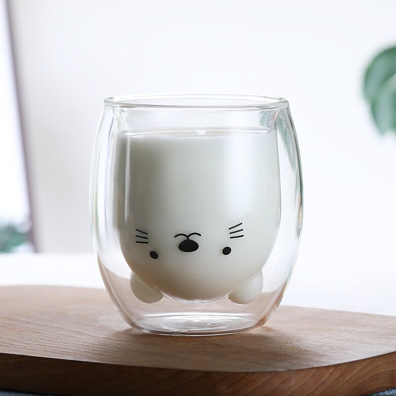 Cat Claw/Paw Cup Double Glass Coffee Mug Cartoon Cute Cat Milk Juice Cup Home Office Cafe Tazas Best for Festival KEDICAT: Yellow