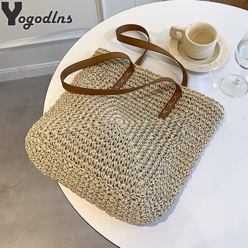 Vierkante Stro Strandtas Handgemaakte Geweven Schoudertas Vrouwen Raffia Shopper Reistas Bohemian Zomervakantie Casual Handtas Totes
