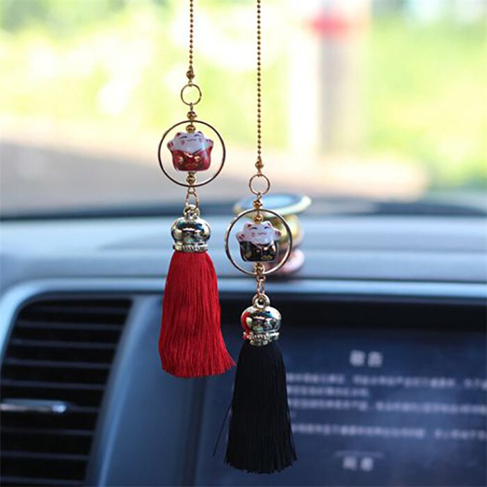 Colgante para coche, figura de gato de la suerte, borla de bendición, adorno automático, decoración de espejo retrovisor Interior automotriz, adorno colgante,: Black with Red