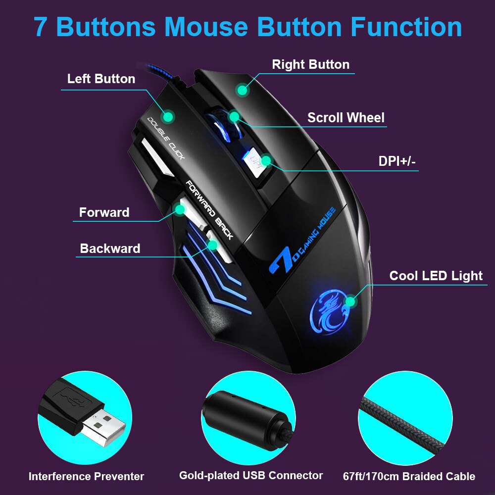 Mouse gamer ergonômico para jogos, com fio USB, 7 botões, LED 5500 DPI, uso em computador para gaming X7, silencioso, com luz de fundo, para PC e laptop