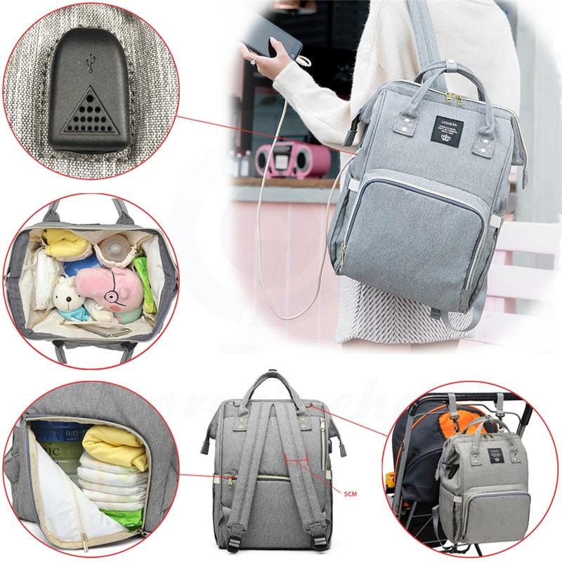 Diaper Bag Backpack Lequeen Large Baby Bag with Changing Pad Travel Back pack Built in USB Waterproof Maternity Bag