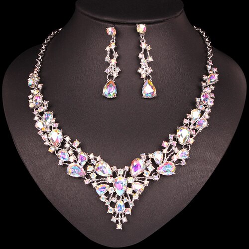 Mode Oostenrijkse Kristallen Oorbellen Ketting Set Indian Bruids Sieraden Sets Wedding Party Kostuum Accessoires voor Bruid Vrouwen