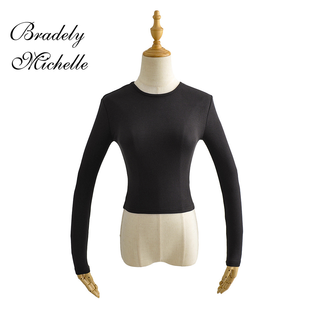 O-hals ensfarvede kvinder langærmede korte toppe sexet pullover bundbluser t-shirt crop top
