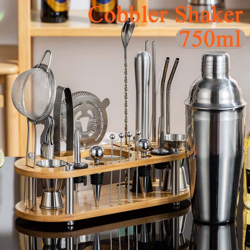 Juego de coctelera de acero inoxidable, mezclador de camarero, Zapatero, coctelera Boston, bar, herramientas, Jigger, mezclador, cuchara vertedora: 23pcs Cobbler Sets B